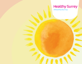 Cartoon sun with healthy surrey logo